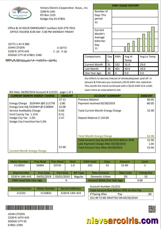 USA Kansas Victory Electric utility bill